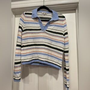 Madewell Blue and Cream Striped V-Neck Sweater